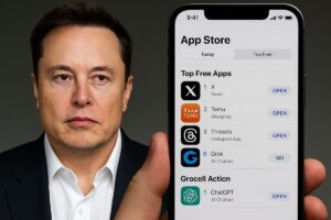 馬斯克怒批蘋果App Store排名不公，指控Grok與X遭排擠，揚言提告反壟斷。蘋果尚未回應，AI聊天機器人競爭白熱化，OpenAI成App Store唯一推薦AI。