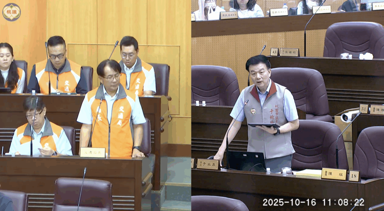 桃園市議員于北辰（右）、桃園市交通局長張新福（左）。（圖／桃園市議會議事錄影）