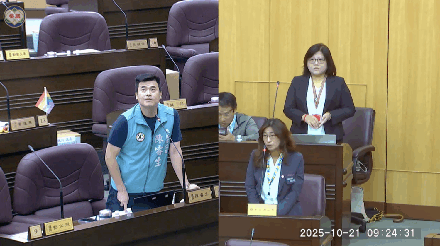 桃園花3700萬辦音樂祭挨批 陳睿生質疑效益「不如台灣祭」 桃園市議員陳睿生(左)、桃園市觀光旅遊局長陳靜芳(右)。(圖/桃園市議會議事錄影)