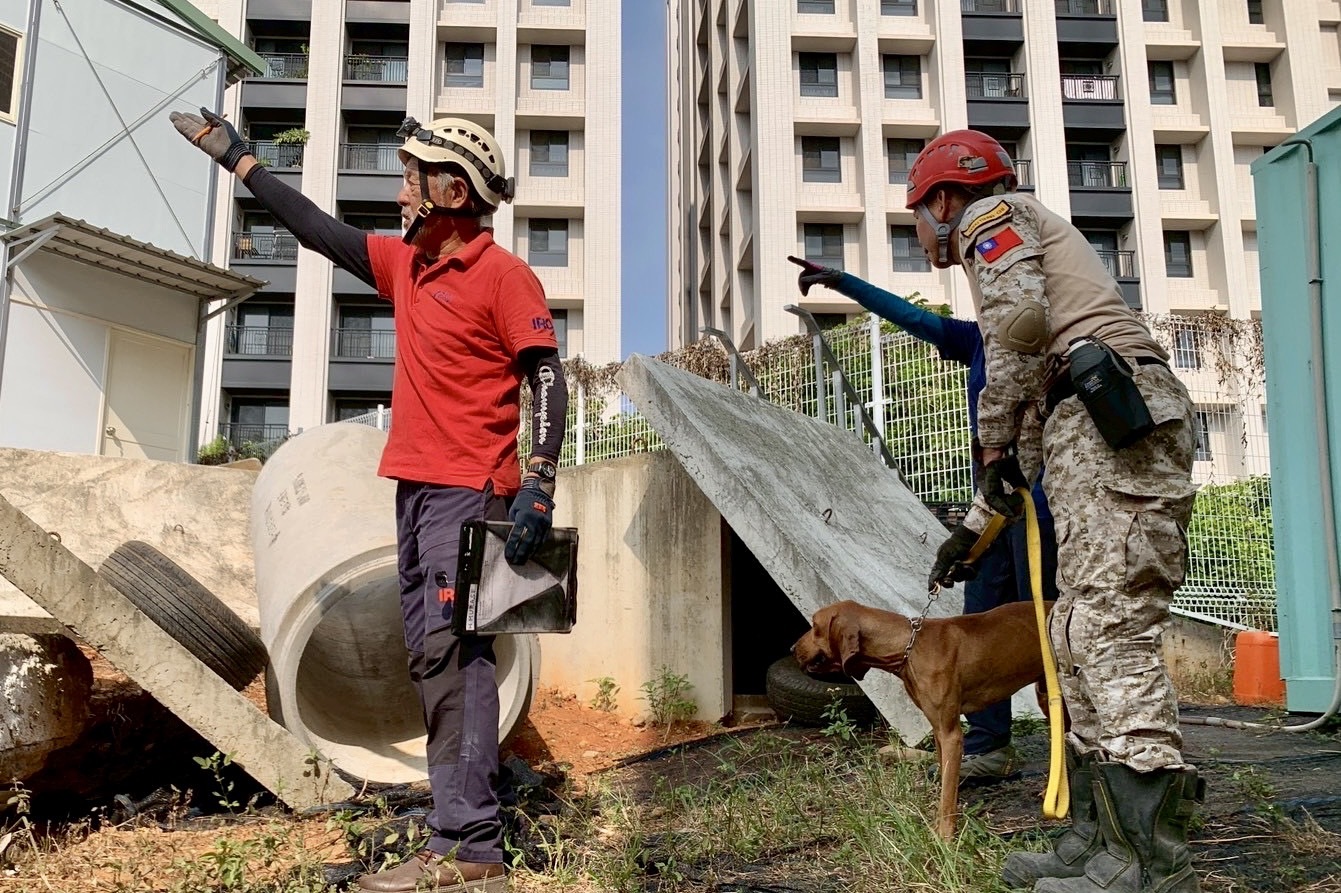 國際搜救犬評審指導參訓隊伍進行瓦礫堆搜尋任務模擬，搜救員與犬隻密切配合，展現人犬協作默契與任務執行能力。（圖/記者張家燁翻攝）