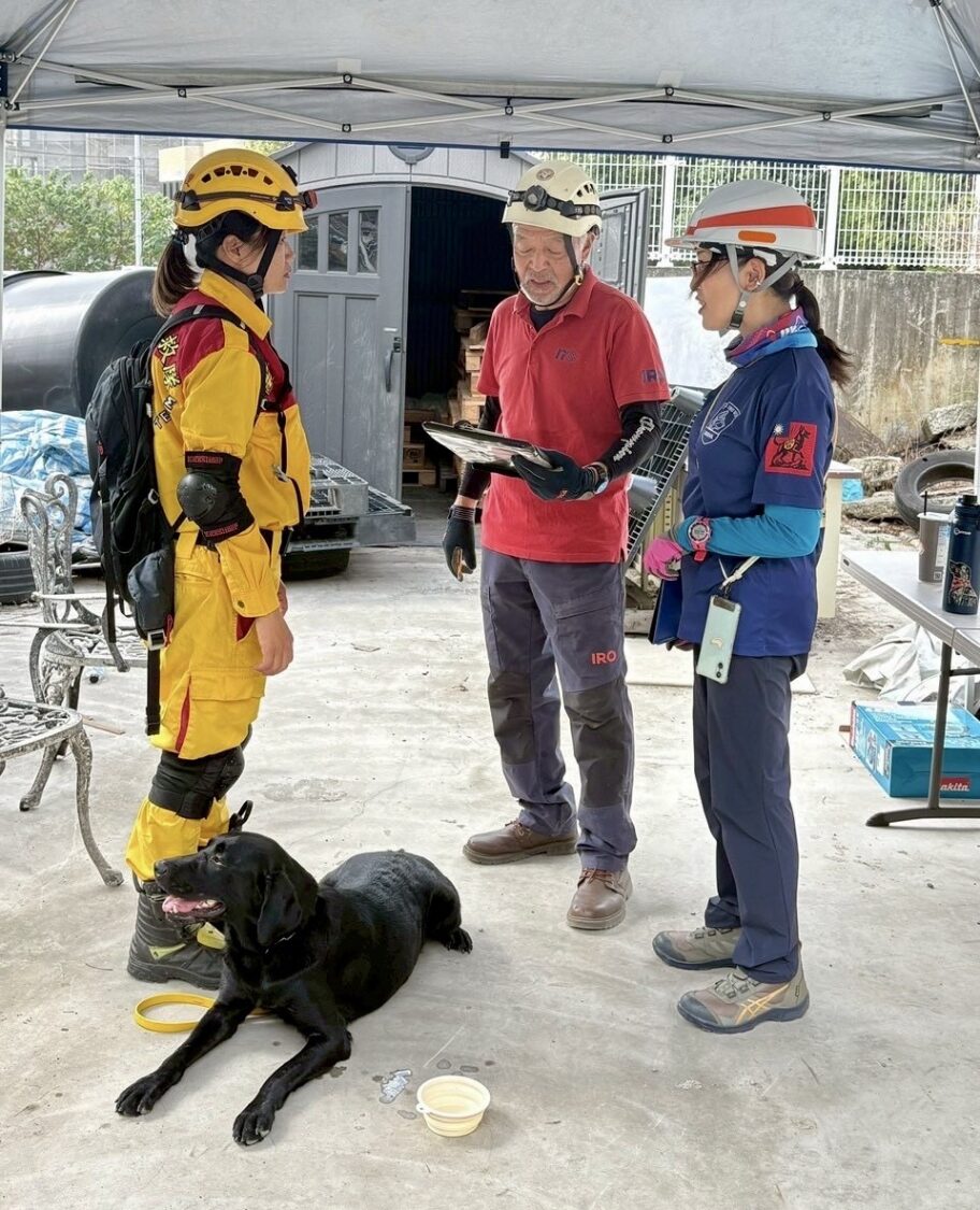 竹市消防局搜救犬於IRO國際評量現場執行瓦礫堆搜尋測驗，搜救員引導犬隻鎖定氣味來源，模擬實際災害現場的搜尋情境。（圖/記者張家燁翻攝）