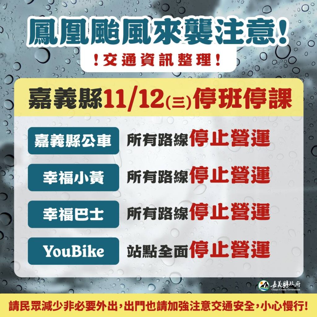 嘉義縣已列入鳳凰颱風陸上警戒區域　週三停止上班上課