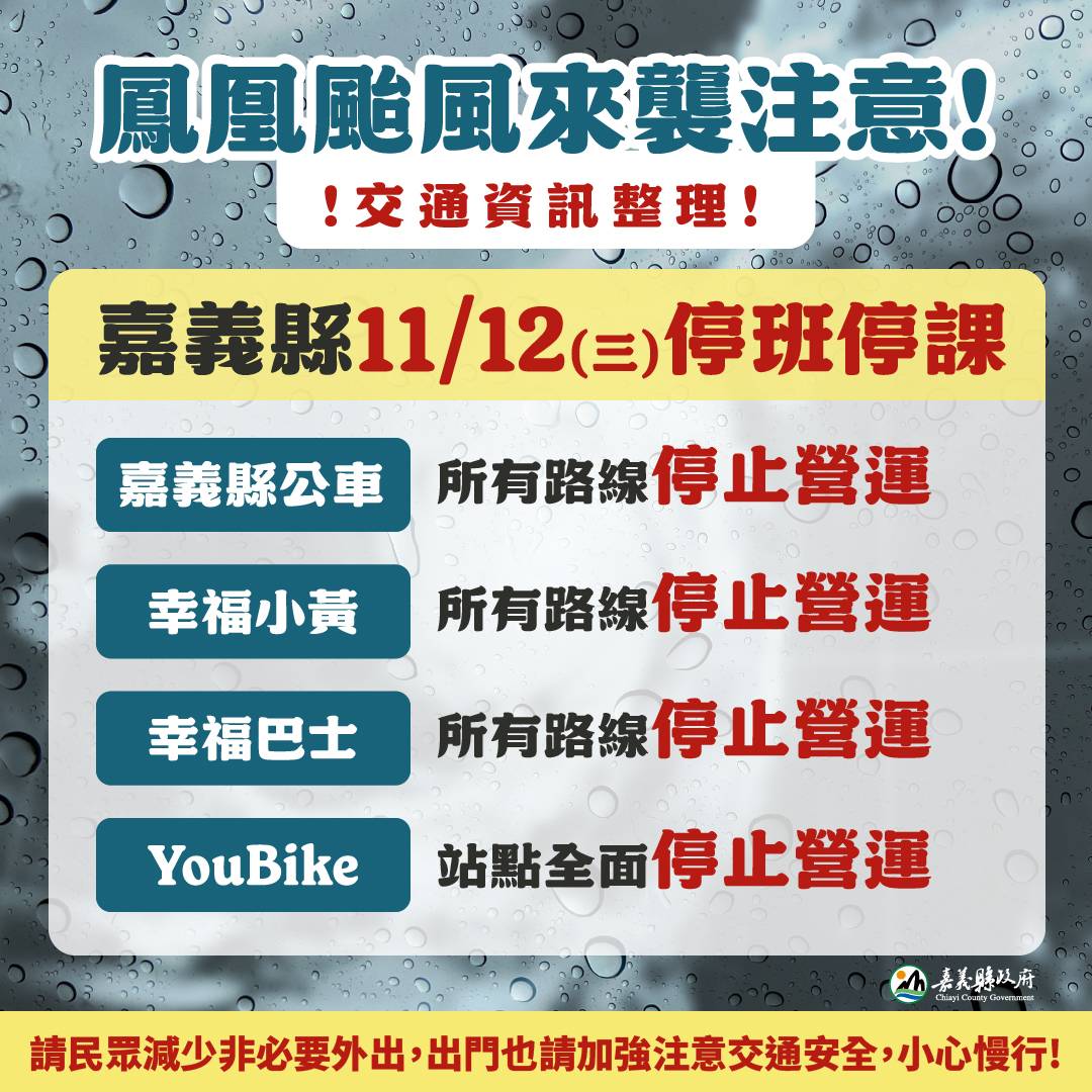 嘉義縣已列入鳳凰颱風陸上警戒區域　週三停止上班上課