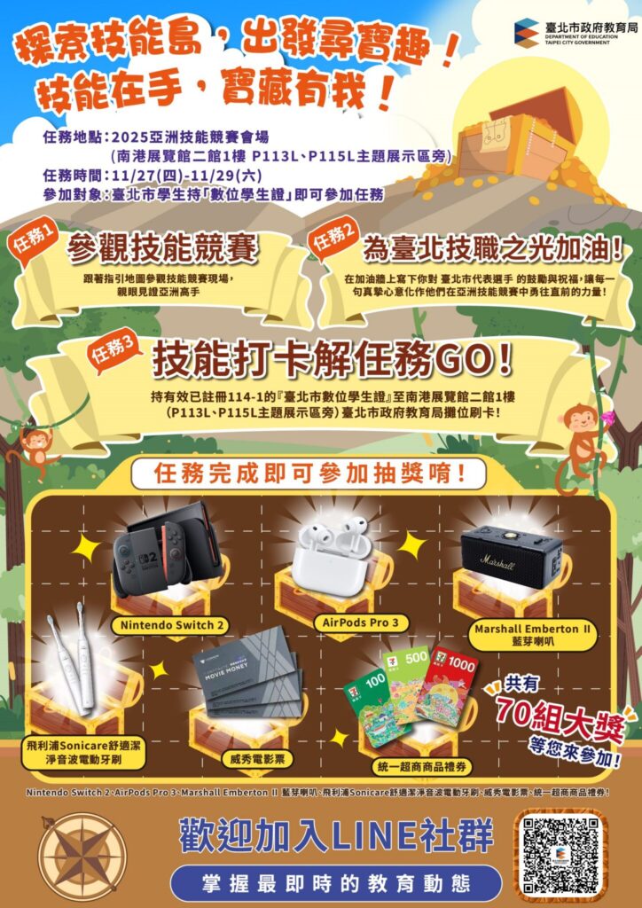 亞洲技能競賽睽違30年在台主辦 北市邀師生觀賽抽Switch 2等70組大獎 亞洲技能競賽睽違30年在台主辦 北市邀師生觀賽抽Switch 2等70組大獎