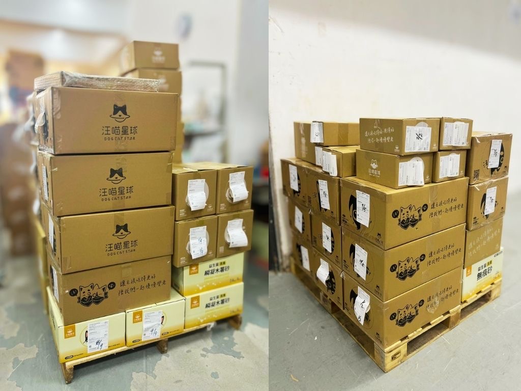 汪喵星球第一時間整備貓砂、主食罐、乾糧、情緒放鬆用品等多項物資，準備啟動送往香港宏福苑受災家庭與動保單位。（圖／汪喵星球提供）