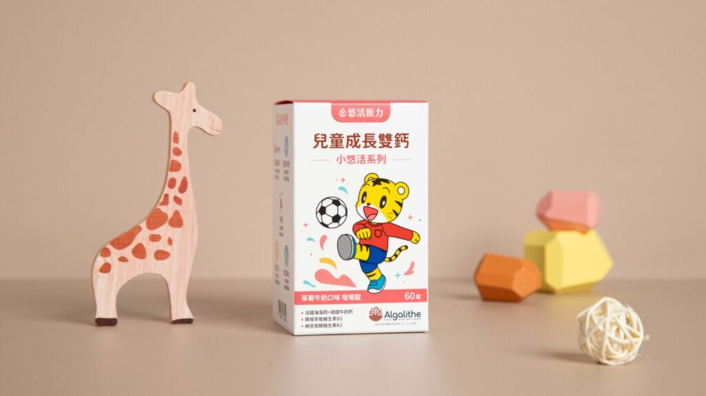 巧虎聯名小悠活兒童保健系列產品，主打安全配方、優質原料、咀嚼方便、風味多元、檢驗合格，圖中為「兒童成長雙鈣」。(圖 / 悠活原力 提供)