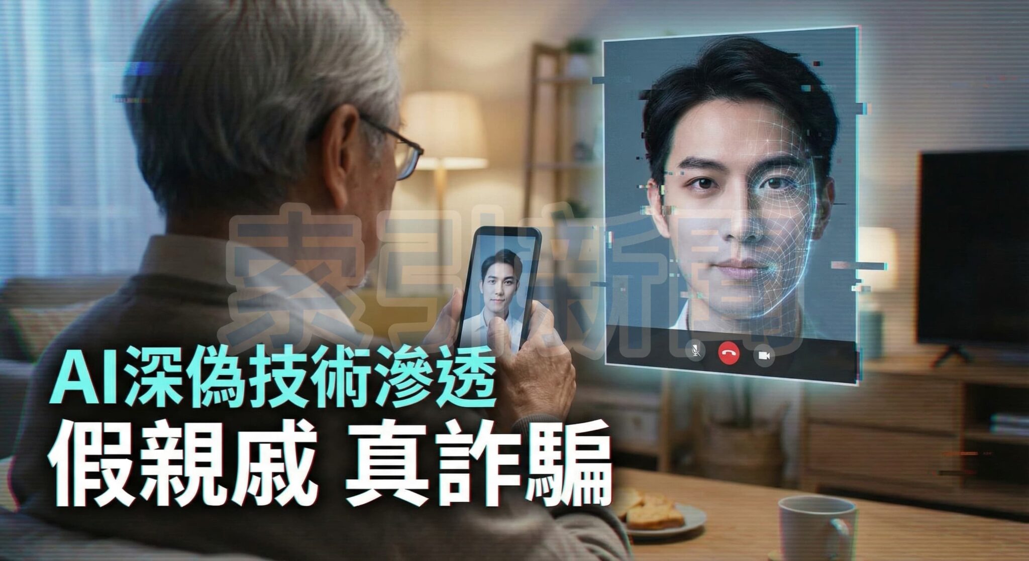 台灣2025防詐警鐘:每日493件詐騙案 假投資詐騙財損破45億 圖說: 此圖描繪了最新的AI深偽詐騙手法。一名長輩看著手機螢幕,以為在與親人視訊通話,但螢幕上的人臉帶有微妙的數位雜訊和合成痕跡,暗示這其實是詐騙集團利用AI技術偽造聲音與影像的「假親戚」。這種結合新科技的手法,讓人更難辨識真偽。(示意圖)