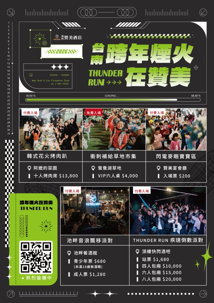 「2026台南跨年煙火在贊美」第三屆登場 402 秒大型高空煙火 × 頂樓派對 × 限定房型三天完售 「2026台南跨年煙火在贊美」第三屆登場 402 秒大型高空煙火 × 頂樓派對 × 限定房型三天完售