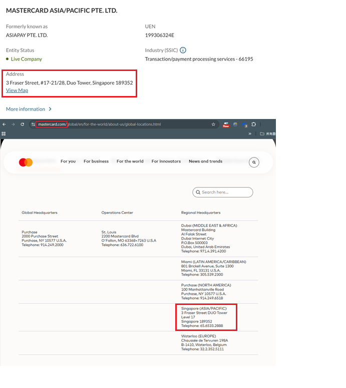 萬事達卡收費六年後提告 第三方支付業者「台灣萬事達金流」:他們左手收錢、右手提告 萬事達卡官方網站揭示其亞太區總部設於新加坡,地址與Mastercard Asia/pacific Pte. Ltd.登記資料相同,顯示兩者具實質隸屬關係。(圖/台灣萬事達金流提供)