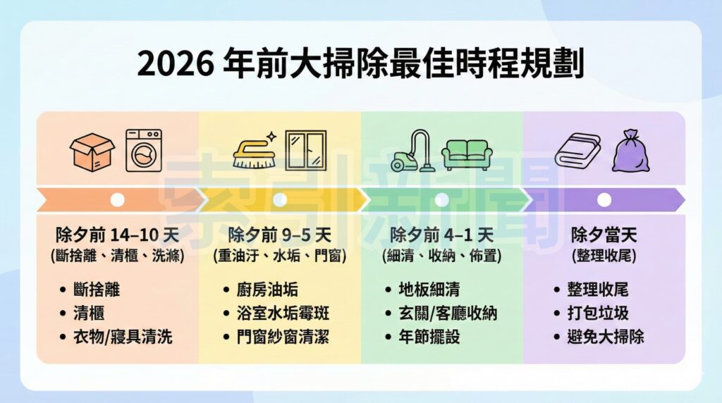 大掃除2026重點:吉日、清單、冷氣 專家建議將大掃除工作依時間軸分段進行,參考吉日並在除夕前完成主要粗重工作,避免過度勞累。