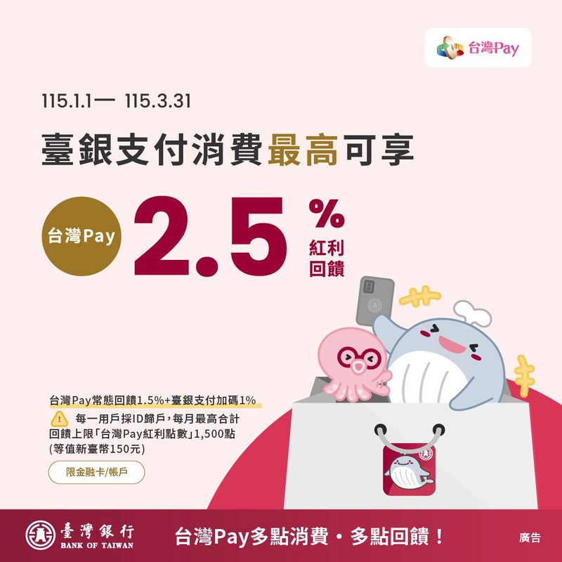 臺灣銀行推出臺銀支付消費加碼台灣Pay紅利點數活動 115年第1季掃碼消費最高享 2.5% 紅利點數 臺灣銀行推出臺銀支付消費加碼台灣Pay紅利點數活動 115年第1季掃碼消費最高享 2.5% 紅利點數
