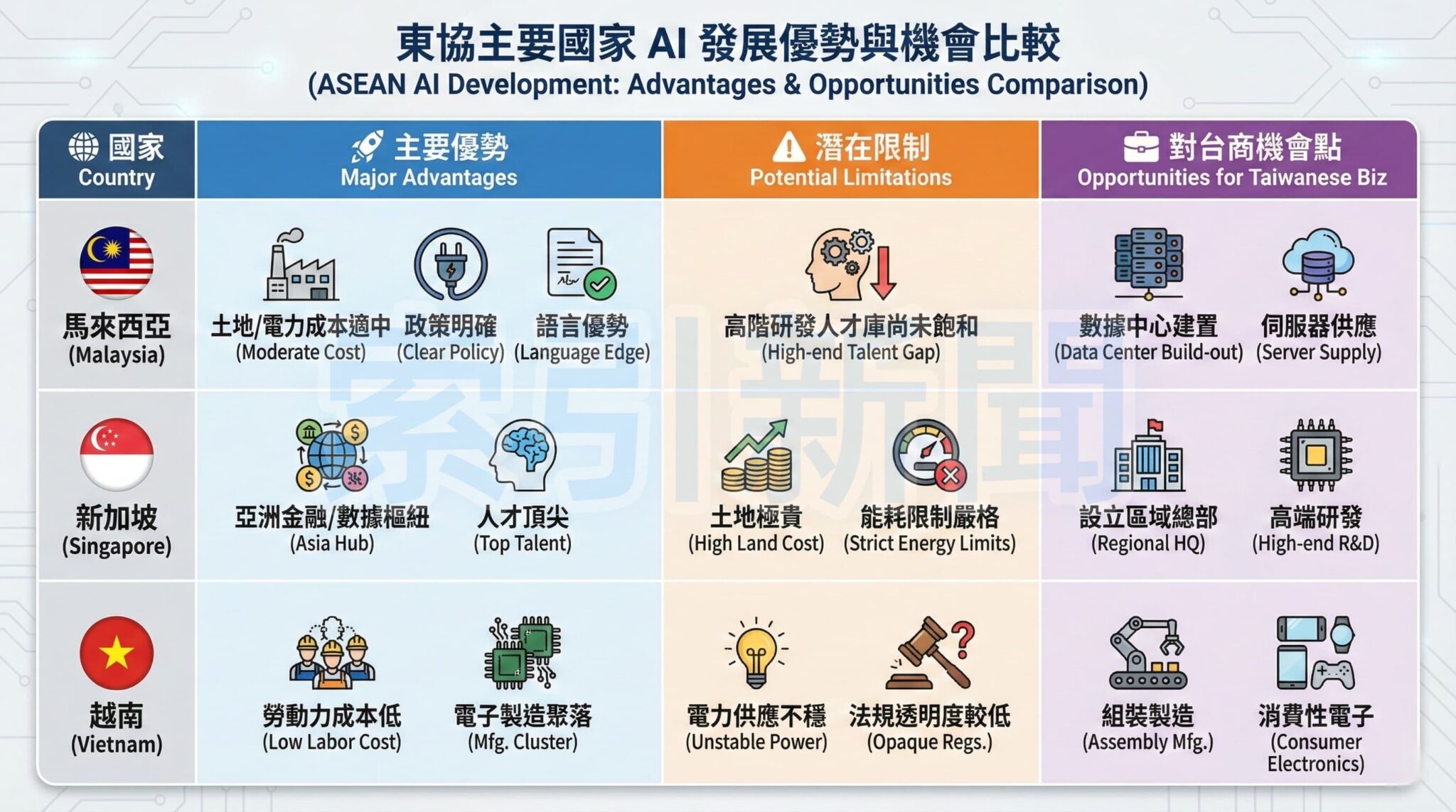 馬來西亞拚東協AI強權 伺服器台廠迎軟硬整合商機 本圖分析東協三國 AI 發展條件。馬來西亞憑藉成本控制與政策支持,成為台商切入數據中心與伺服器硬體商機的關鍵熱點,與新加坡(高端研發樞紐)、越南(組裝製造聚落)形成明確的差異化戰略定位。