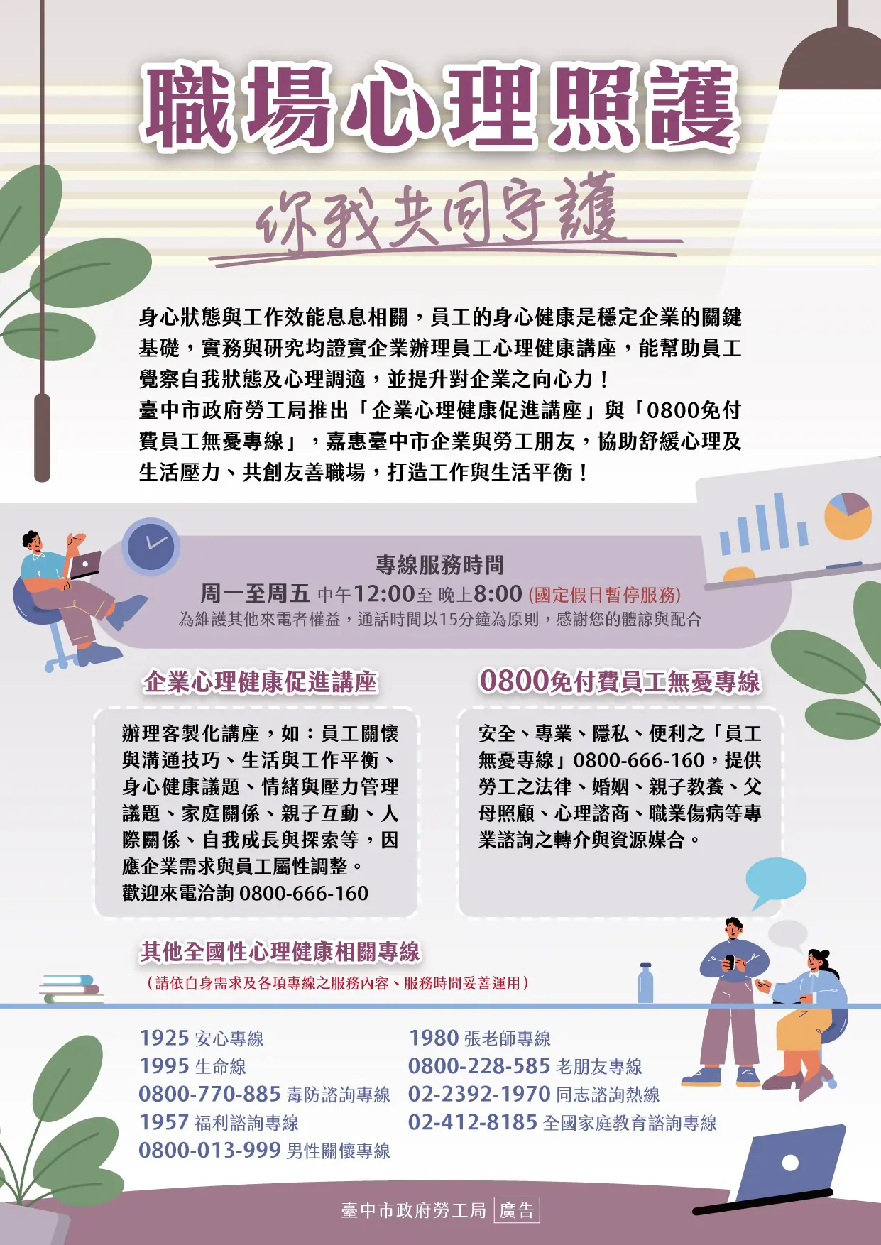 中市勞工局推動無憂專線 提供勞工免費且保密專業諮商 中市勞工局推動無憂專線 提供勞工免費且保密專業諮商