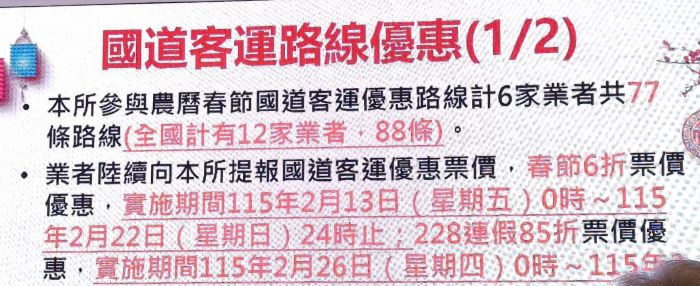 公共運輸優惠多 春節返鄉出遊更悠遊 9 《圖說》春節國道優惠措施。〈記者葉柏成攝〉