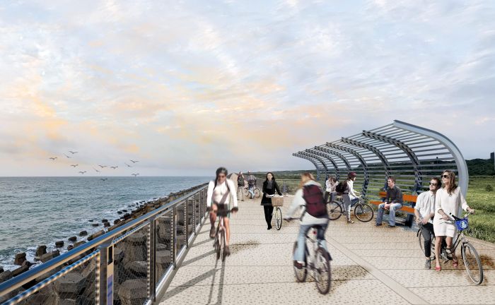 視察觀海自行車道 侯:打造全國第一無限海景騎乘路線 46 《圖說》將打造堤頂自行車道,供半遮蔭且可遠眺海景的休憩節點--模擬圖。〈高灘處提供〉