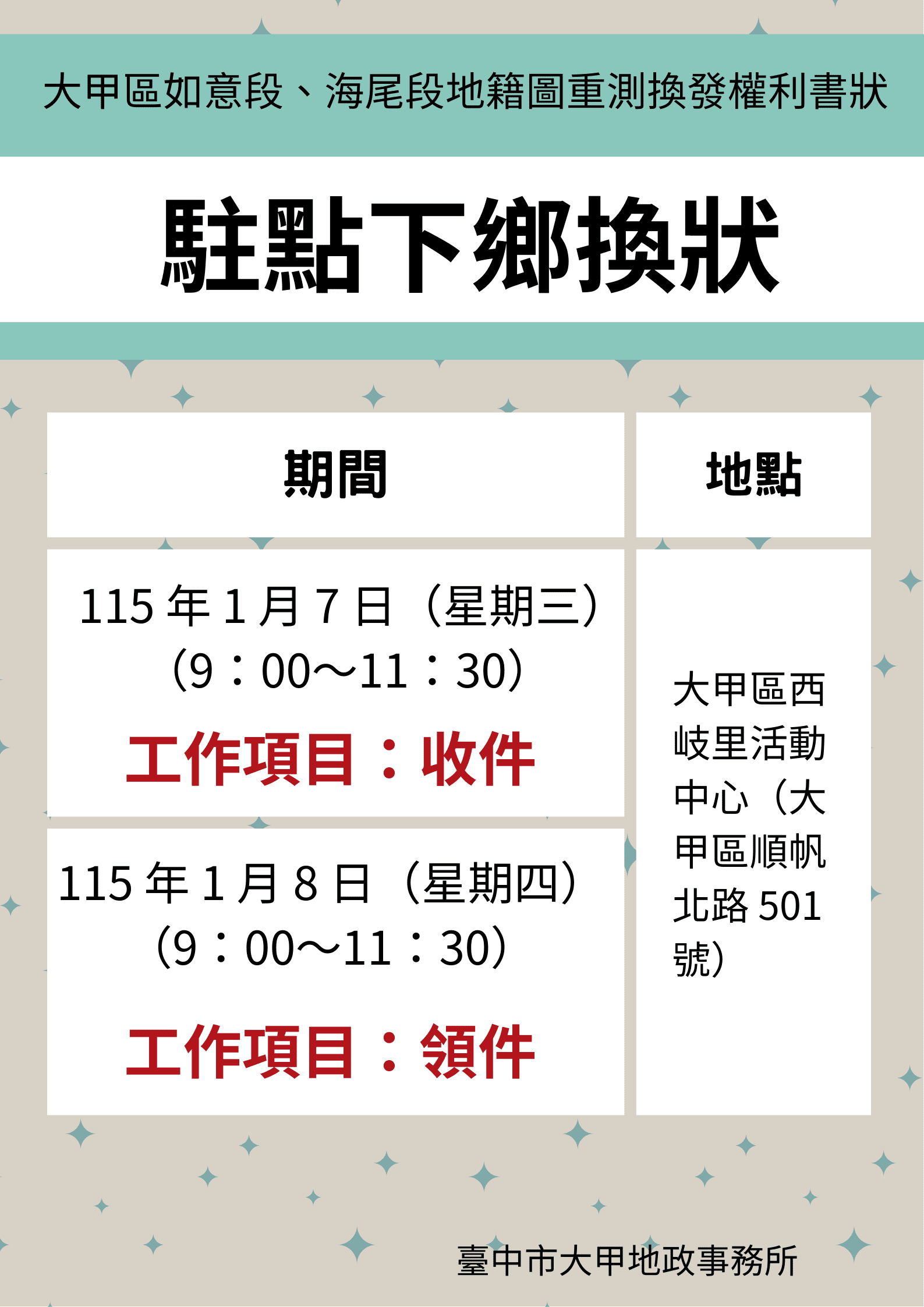 「服務零距離」 大甲地政事務所辦理「下鄉換狀」便民服務暖民心 「服務零距離」 大甲地政事務所辦理「下鄉換狀」便民服務暖民心