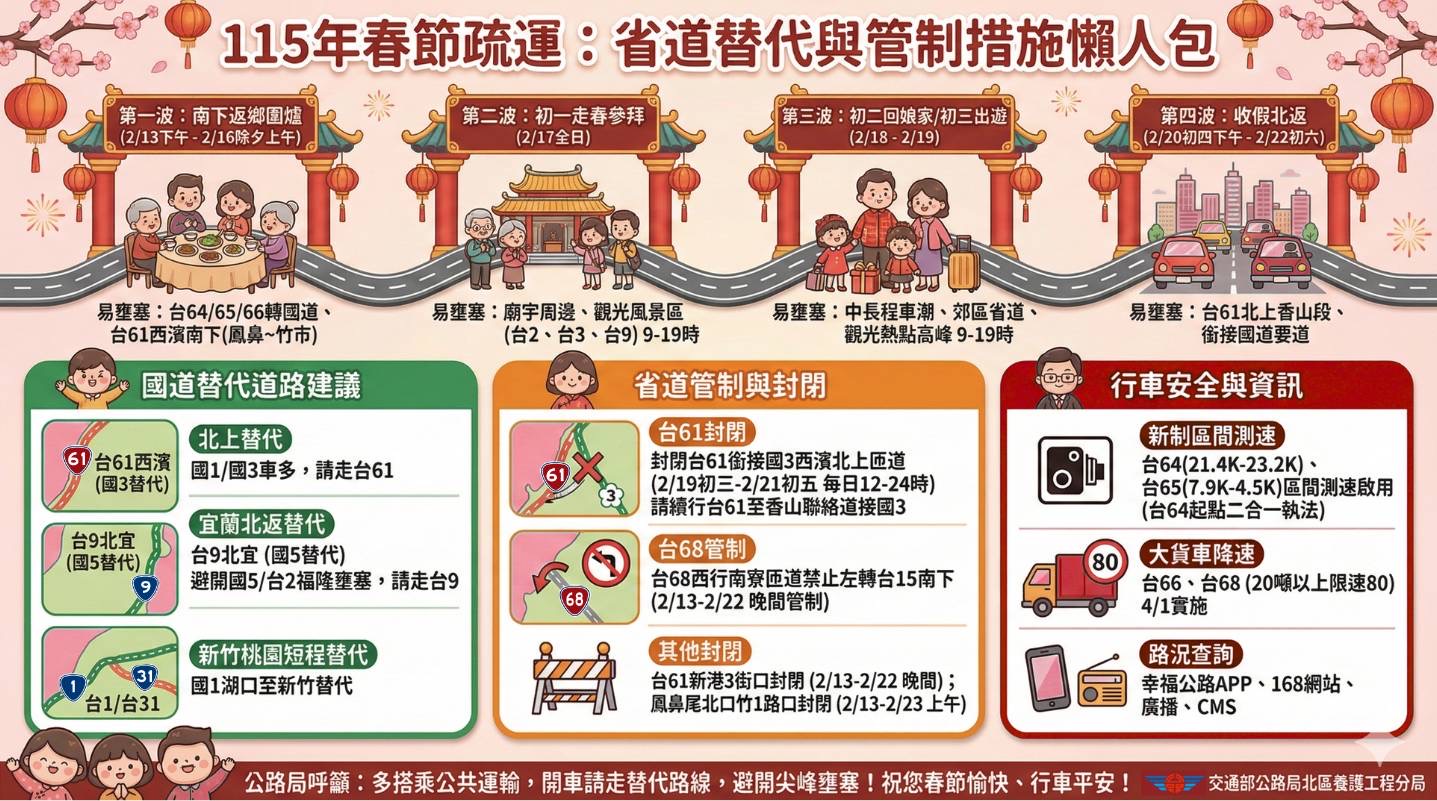 春節連假有四波車潮 北分局轄管「 省道疏運 」措施快報 115年春節疏運:省道替代與管制措施懶人包。(圖/記者黃溎芬翻攝)