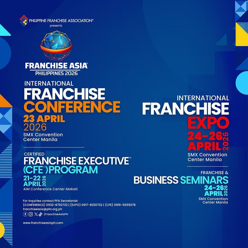 Franchise Asia Philippines 2026 活動主視覺公布展期與三大主軸：4月23日「國際加盟會議」、4月24日至26日「國際加盟展」及同期間「商業講座」，地點以馬尼拉SMX會議中心為主，並安排4月21日至22日在馬卡蒂舉行加盟高階人才認證課程（CFE）。圖片翻攝自 Franchise Asia Philippines 官方網站。