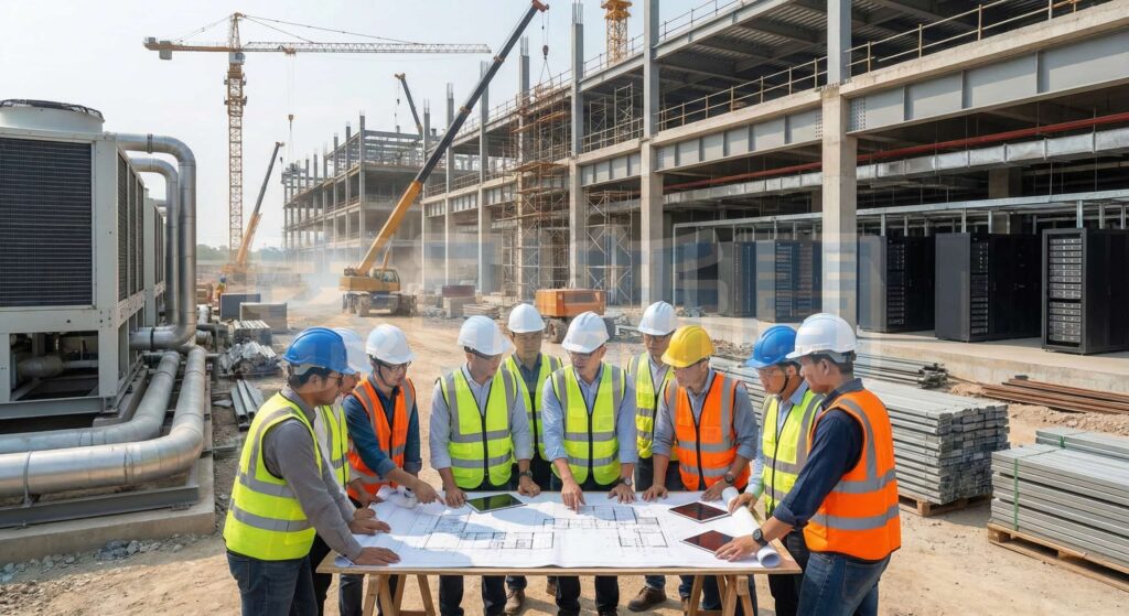 馬來西亞KJTS攜中企拓展區域資料中心 工程團隊在施工現場檢視設計圖與機電配置,凸顯資料中心建置對冷卻、能源管理與土建整合交付能力的需求。KJTS 近日與中建揚子江(馬來西亞)簽署合作框架,計畫共同爭取馬來西亞及區域市場的資料中心專案。(圖片生成自 AI)