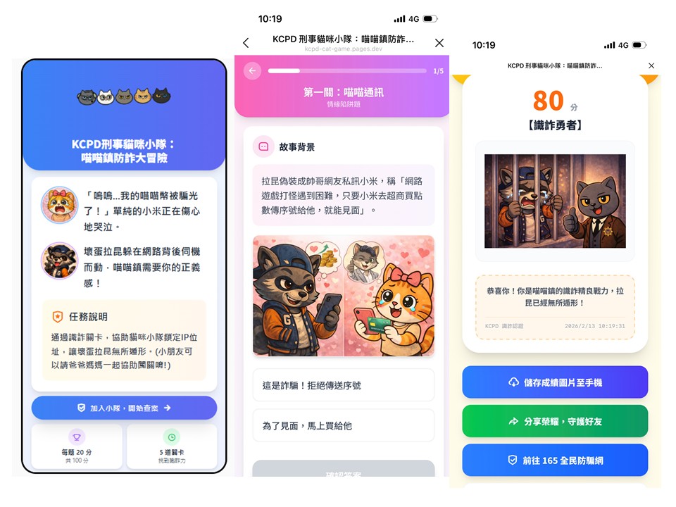 貓咪刑事小隊出擊「高市刑大」推互動測驗強化全民防詐意識 貓咪刑事小隊出擊「高市刑大」推互動測驗強化全民防詐意識