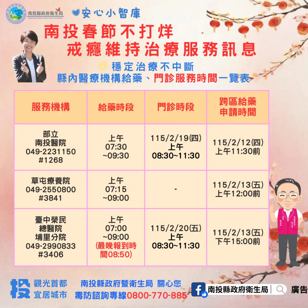 南投縣衛生局關懷不停歇 春節期間戒癮治療不中斷 南投縣衛生局關懷不停歇 春節期間戒癮治療不中斷