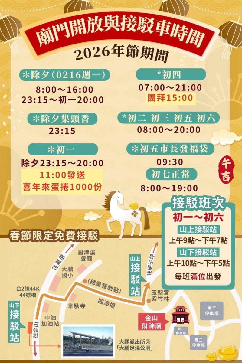 過年拜財神必看!金山財神廟五路財神積木造型亮相 圖/年節期間廟方也提供免費接駁車,讓上山信眾參拜更方便。(金山財神廟 提供)