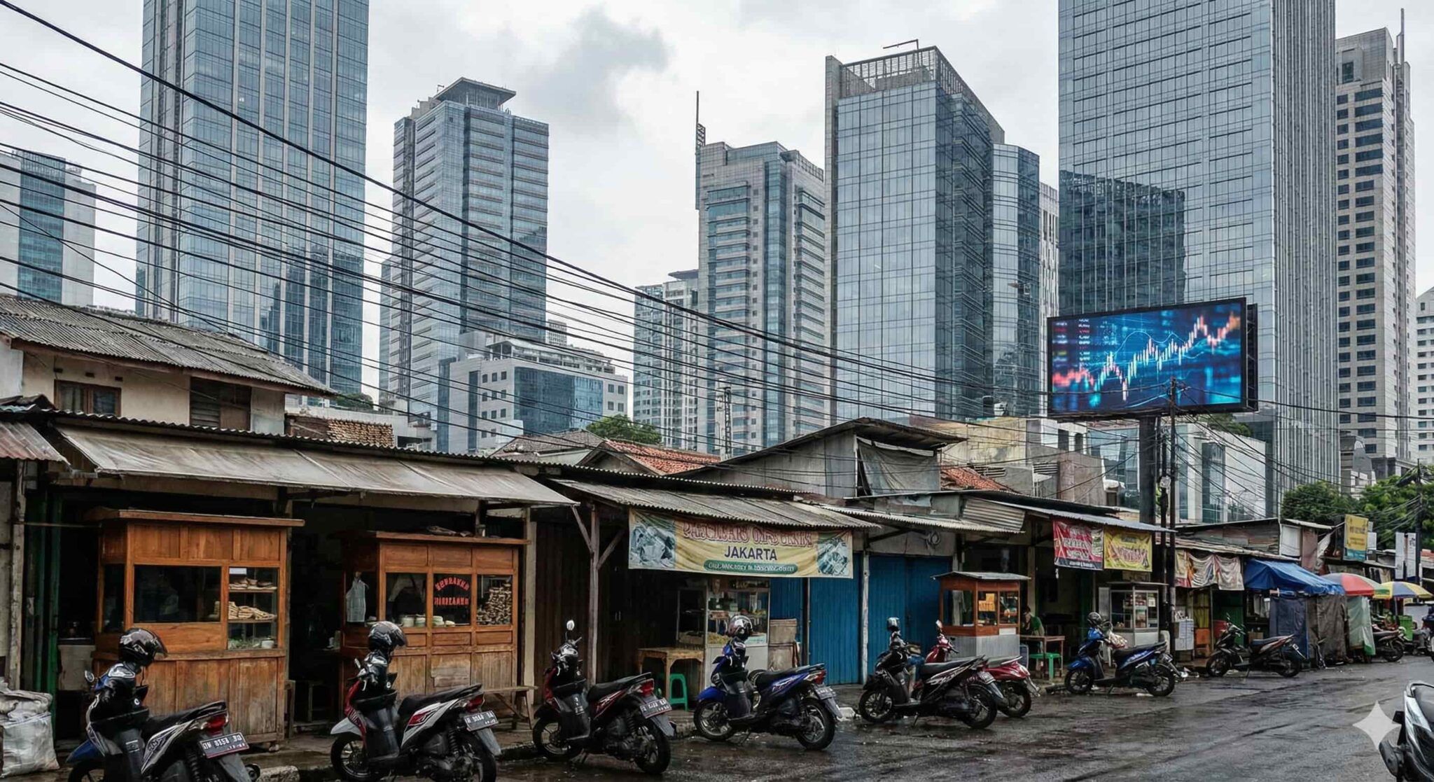 在印尼雅加達充滿活力的街頭，前景傳統的中小微企業（UMKM）攤販與背景現代化的摩天大樓群形成強烈對比，展現了該國經濟發展的多元樣貌。矗立在舊街區中的巨大電子看板正顯示著金融市場數據，象徵著數位金融力量的崛起與滲透。正如新聞報導指出，印尼P2P借貸平台Modalku正透過全線上審核流程，為這些傳統業者提供最高10億印尼盾的融資機會，利用科技填補傳統銀行難以觸及的資金缺口，加速在地經濟的數位轉型。（AI生成圖片）