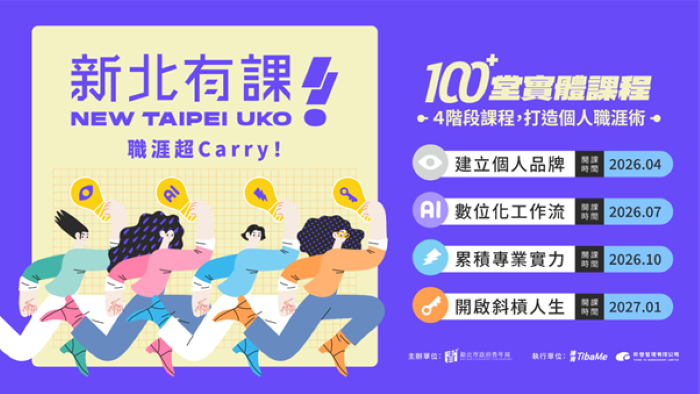 因應AI職場變局 新北「有課UKO」升級推百堂實體課 20 《圖說》新北有課新年度四大領域課程,打造全方位的職涯學習路徑。〈青年局提供〉