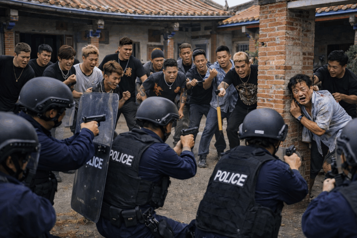 【獨家】新竹持槍闖宅押人上車?西濱上演生死逃亡!警快打壓制疑暴力討債 新竹縣新豐後湖三合院現場,嫌疑人一度與警方對峙叫囂,警方持盾牌與警械壓制控制局面,氣氛緊張。(圖/Ai示意畫面)