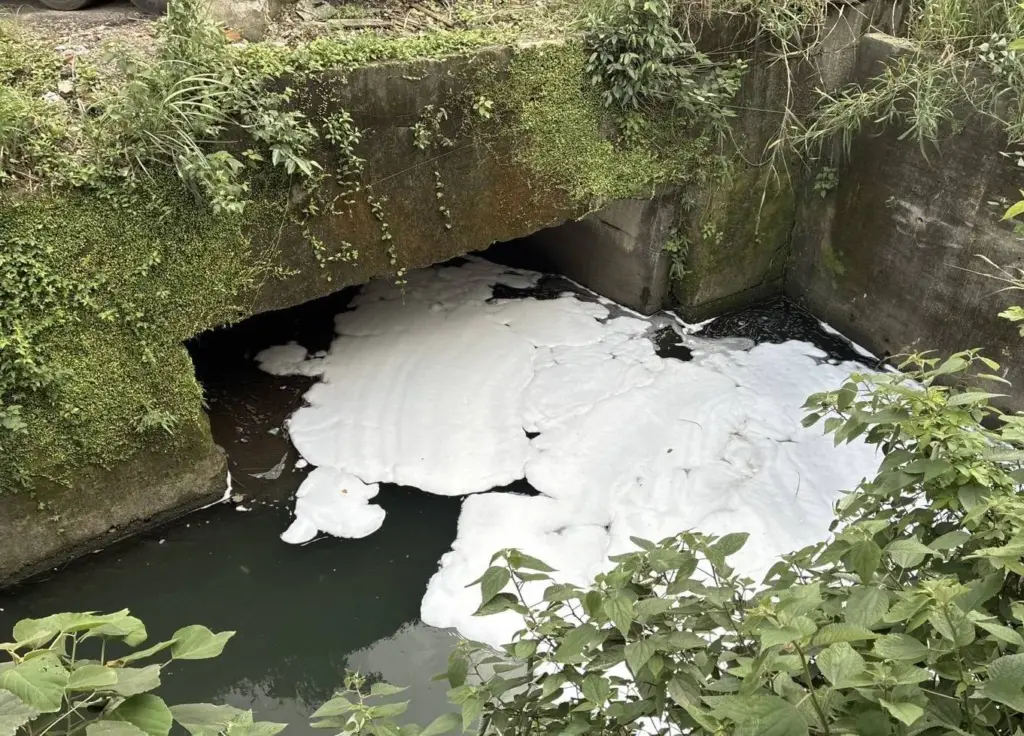 消防泡沫外洩釀污染 基隆碇內大排出現大片白色泡沫 業者遭停工 消防泡沫外洩釀污染 基隆碇內大排出現大片白色泡沫 業者遭停工