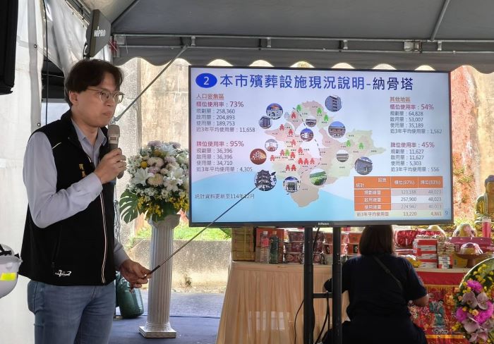 清明視察五城公墓 侯:完善市民生命終章服務 16 《圖說》殯葬處長陳健民簡報,報告納骨櫃位增設進度及環保葬區的規劃情形。〈民政局提供〉