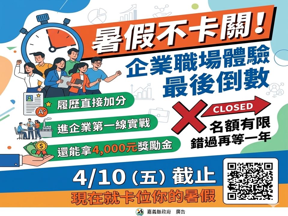 嘉縣企業暑期工讀最高45k 再加碼4,000元獎勵金 嘉縣企業暑期工讀最高45k 再加碼4,000元獎勵金