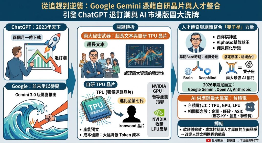 從追趕到逆襲:Google Gemini 憑藉自研晶片與人才整合引發 ChatGPT 退訂潮與 AI 市場版圖大洗牌 從追趕到逆襲:Google Gemini 憑藉自研晶片與人才整合引發 ChatGPT 退訂潮與 AI 市場版圖大洗牌