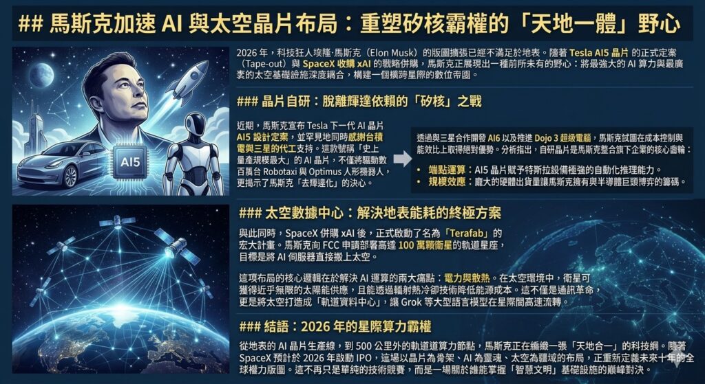 馬斯克加速 AI 與太空晶片布局：重塑矽核霸權的「天地一體」野心