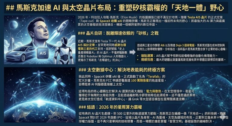 馬斯克加速 AI 與太空晶片布局：重塑矽核霸權的「天地一體」野心