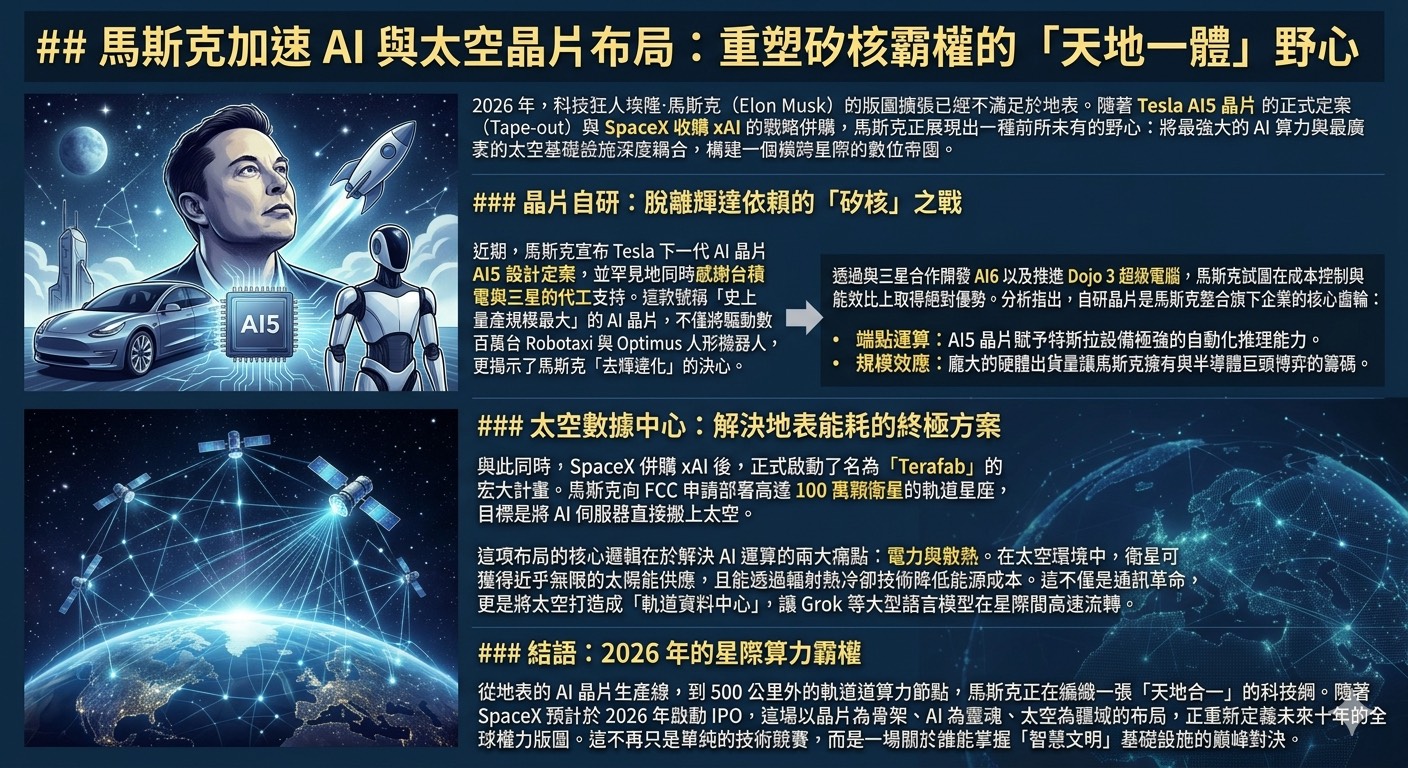 馬斯克加速 AI 與太空晶片布局：重塑矽核霸權的「天地一體」野心