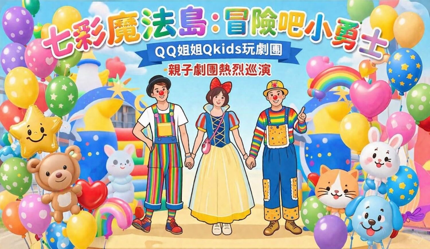 兒童節最暖畫面!「QQ姐姐率劇團進台北榮總」為病童帶來希望與笑聲 「七彩魔法島:冒險吧小勇士」主視覺海報,以繽紛童趣設計呈現QQ姐姐Qkids玩劇團親子劇場巡演主題,營造歡樂與冒險氛圍。(圖/QQ姐姐Qkids玩劇團提供)