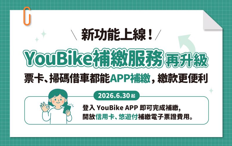 捷運三鶯線6/30免費試營運 YouBike14處新站同步啟用 42 《圖說》6月30日YouBike多元支付補繳款升級上線。〈交通局提供〉
