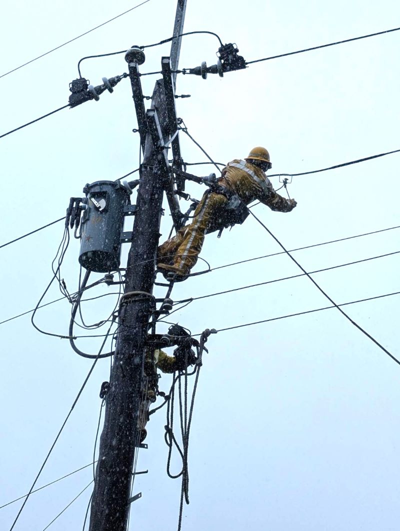 台電北西區處災損完成95%復電 三峽700戶待道路搶通 4 《圖說》北西區處工程人員於電桿上進行搶修作業。〈北西區處提供〉