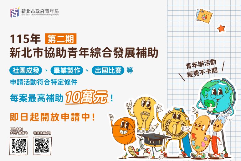 新北再推補助青年逐夢 團體最高10萬元 20 《圖說》「新北市青年綜合發展補助」第2期即日起開放申請,符合申請資格,個人最高補助2萬元、團體最高補助10萬元。〈文化局提供〉