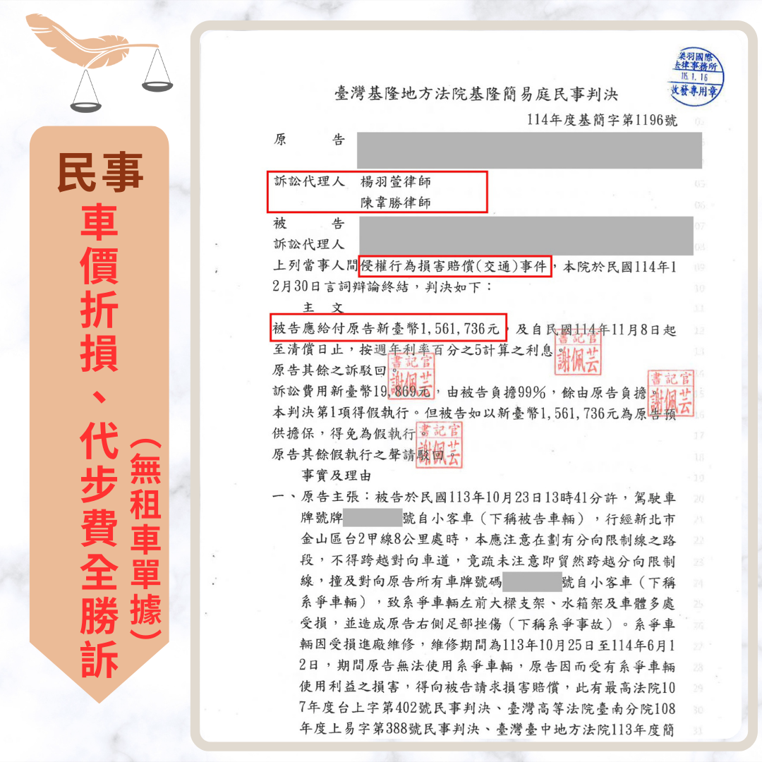 車禍律師推薦|車價折損成功案例|車價減損與代步費求償 樂羽律師助賓士車主求償 60 萬車價減損,同級代步車費勝訴91萬 判決或判賠截圖