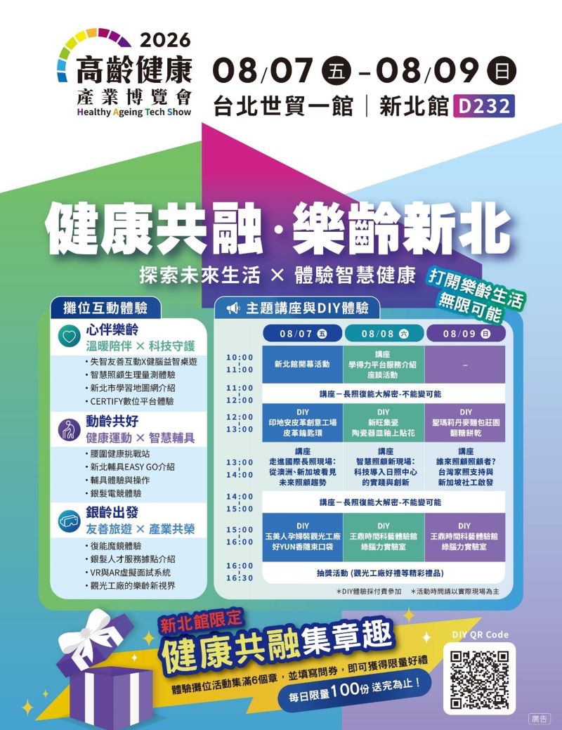 高齡健康產業博覽會8/7登場 新北館展現樂齡生活新樣貌 2 《圖說》新北市政府聯合12局處共同參與第三屆「高齡健康產業博覽會」,「健康共融 樂齡新北」展館於台北世貿一館盛大登場。〈經發局提供〉