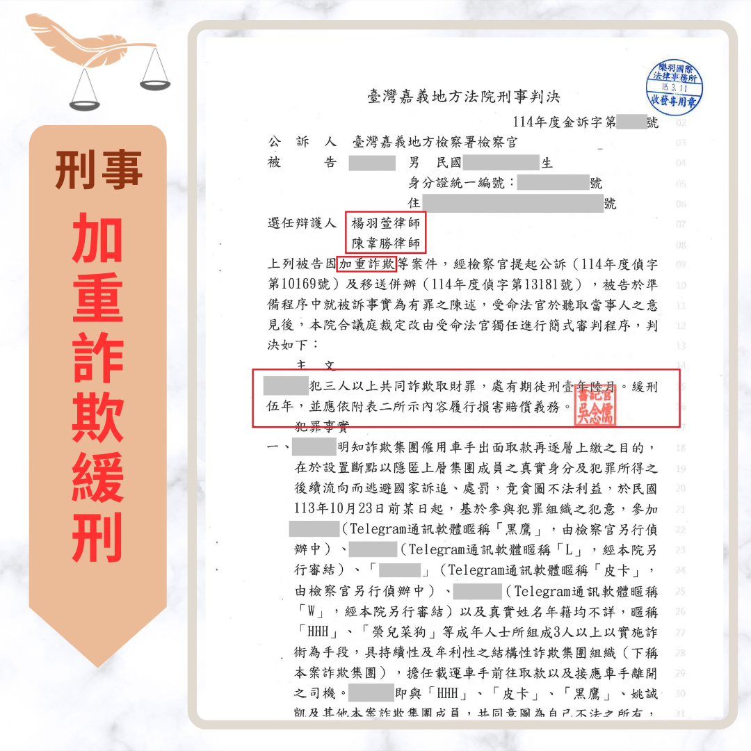 專打詐欺律師|詐欺案不起訴、緩刑成功案例 載運車手被起訴加重詐欺 成功爭取緩刑五年 不起訴書或判決截圖