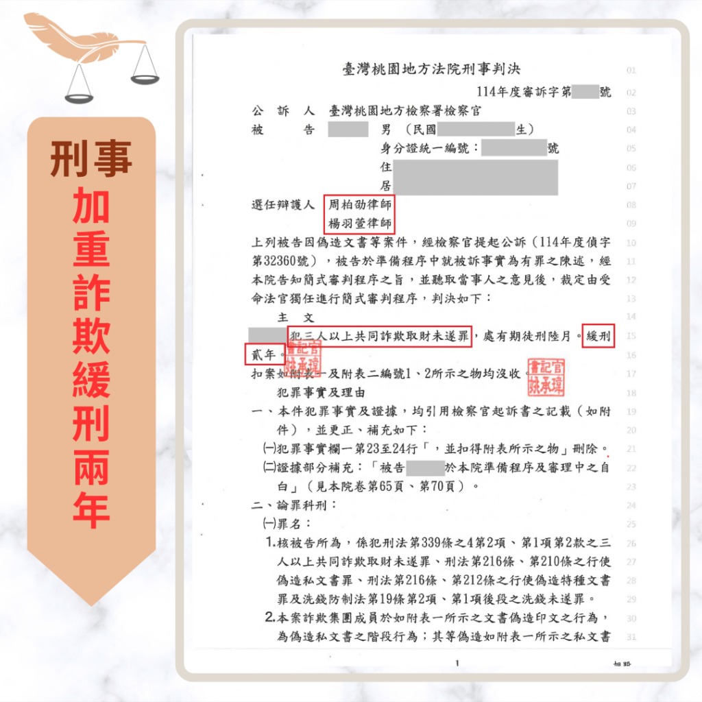 專打詐欺律師|詐欺案不起訴、緩刑成功案例 面交車手被當場逮捕 犯三人以上加重詐欺成功爭取兩年緩刑 不起訴書或判決截圖
