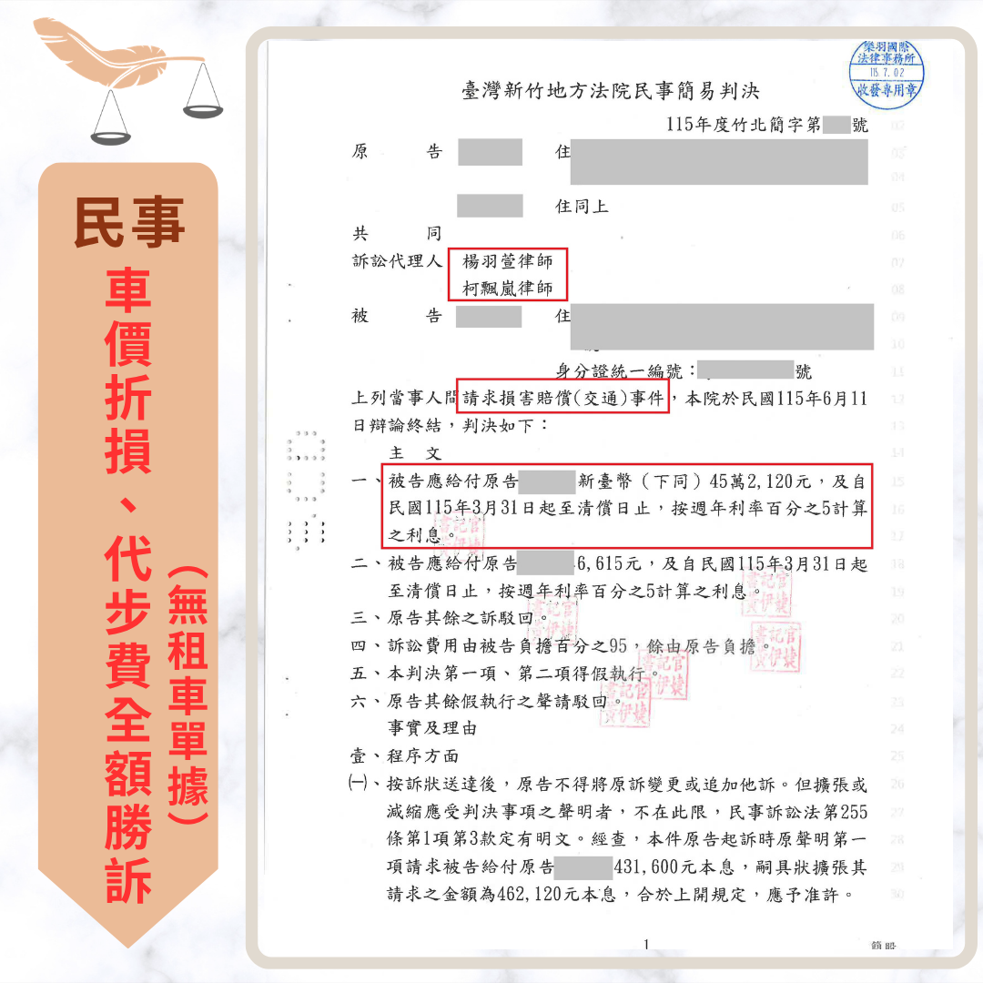 車禍受傷可以求償什麼?醫療費、薪資損失與慰撫金 LEXUS車禍損害賠償判決書截圖
