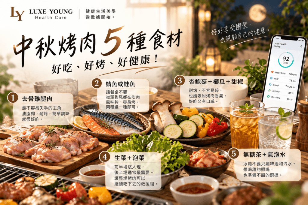 中秋烤肉買什麼?5 種食材照著買,好吃、好烤,好健康!! 中秋烤肉五類推薦食材與 AI健康管理個人化飲食建議概念