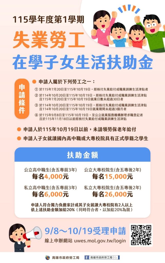 減輕就學生活負擔不再二擇一 新制「失業勞工在學子女生活扶助金」開始受理申請