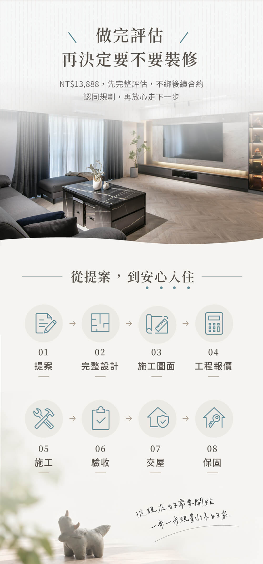 做完評估，再決定要不要裝修-NT$13,888 是一套完整的前期評估服務。完成之後，不代表一定要與 MOOMS 沐石簽訂後續設計或工程合約。如果認同我們的規劃，再進入下一步。