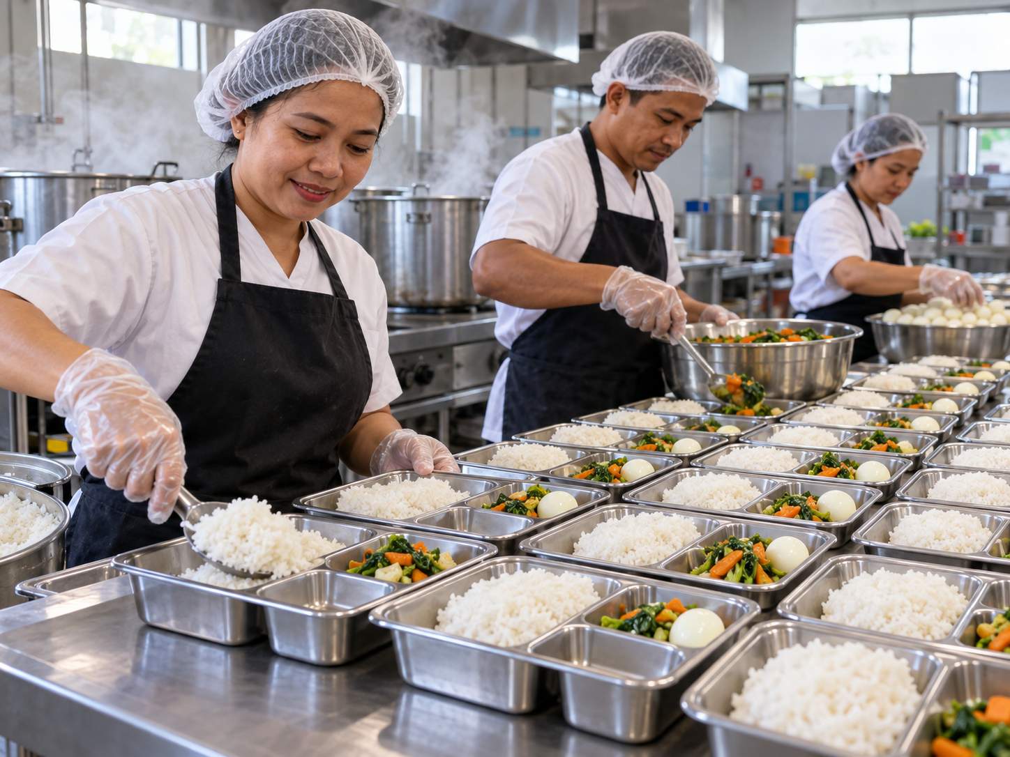 印尼免費營養餐要求原料全用在地中小微企業 印尼社區廚房裡,廚工把米飯、蔬菜與水煮蛋分裝進餐盤