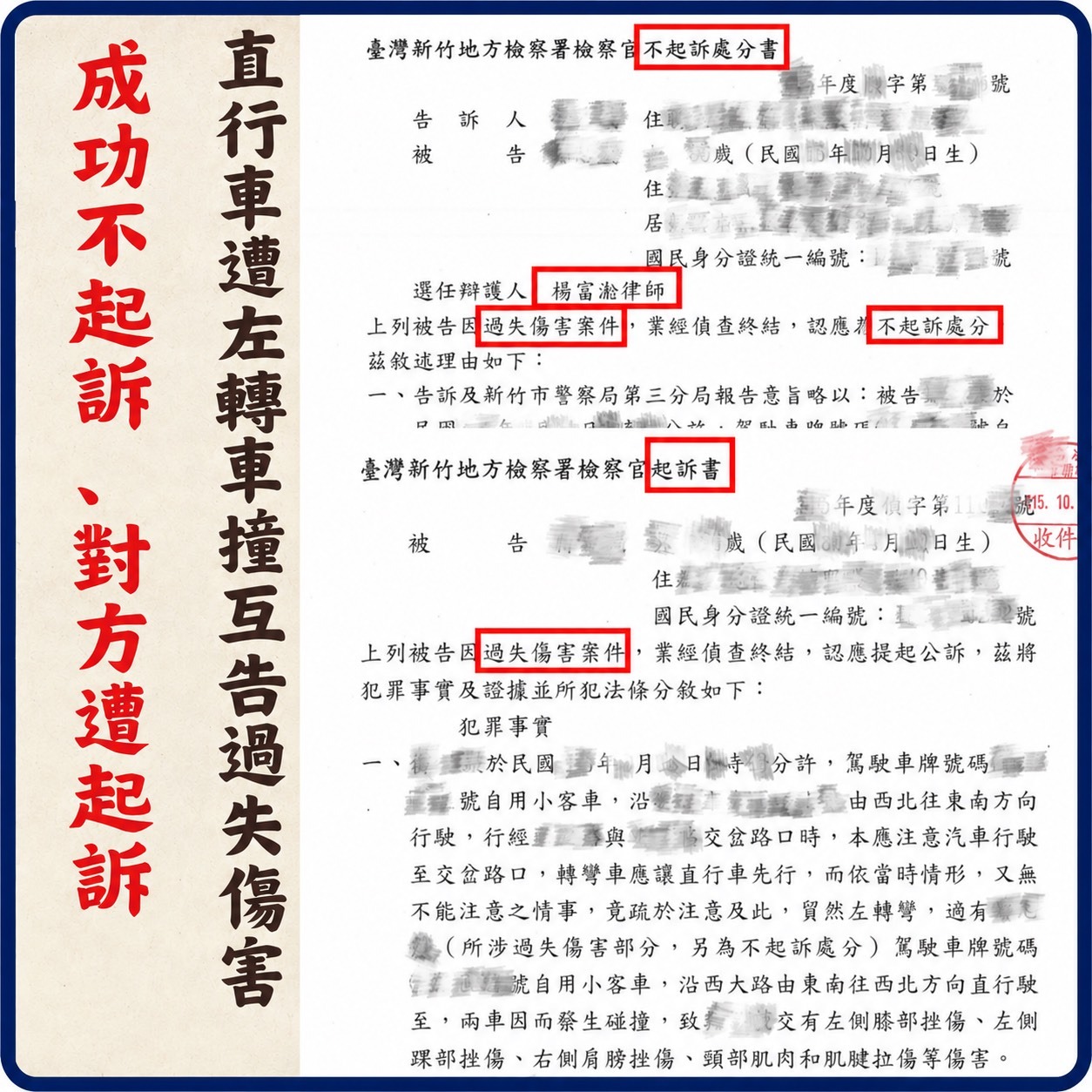車禍過失傷害｜經律師處理直行車不起訴，對方反遭起訴